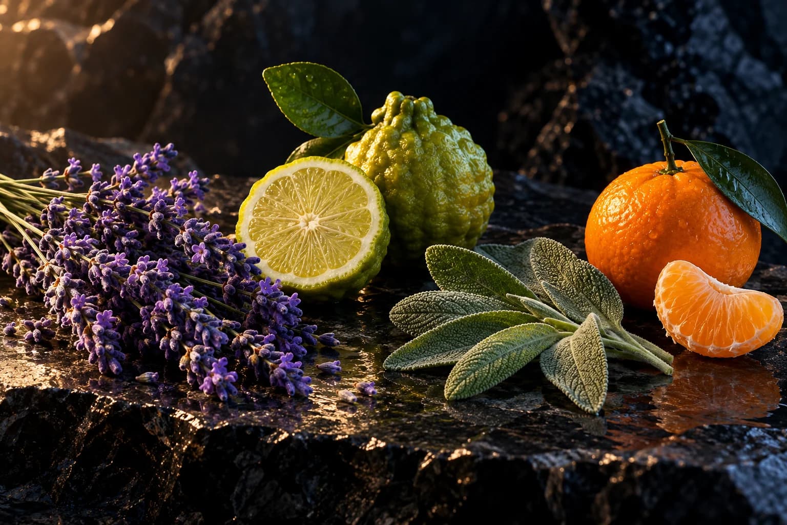 Lavender, bergamot, sage and mandarin on dark stone