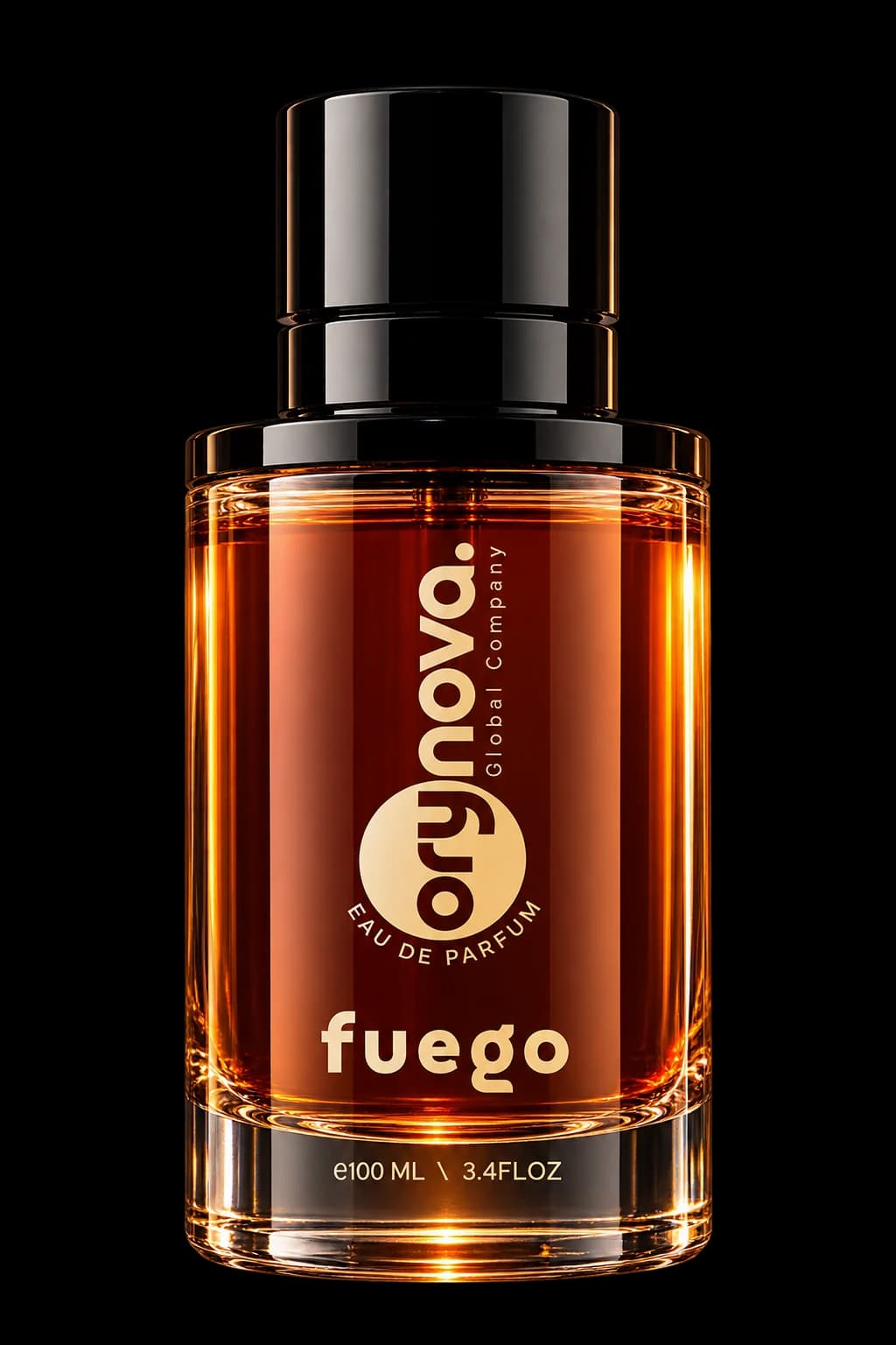 FUEGO: amber glass bottle with glossy black cylindrical cap and vertical gold ORYNOVA branding