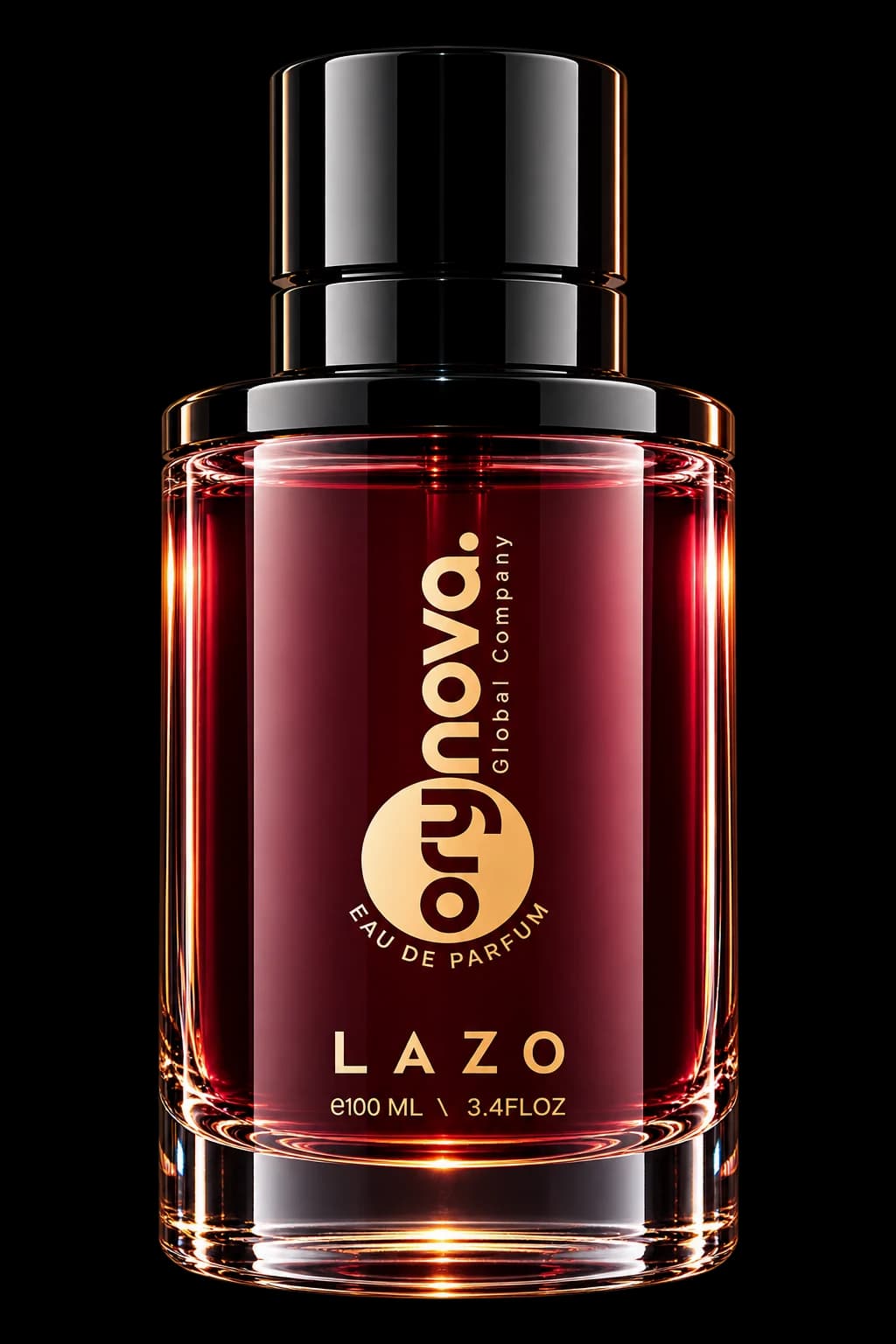 LAZO: burgundy glass bottle with glossy black cylindrical cap and vertical gold ORYNOVA branding