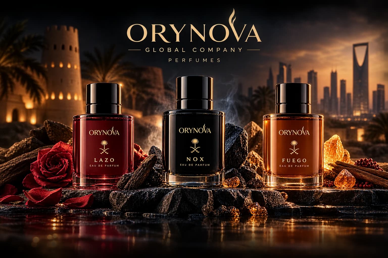 ORYNOVA collection campaign featuring burgundy LAZO, dark NOX and amber FUEGO bottles against an Arabian-inspired twilight skyline