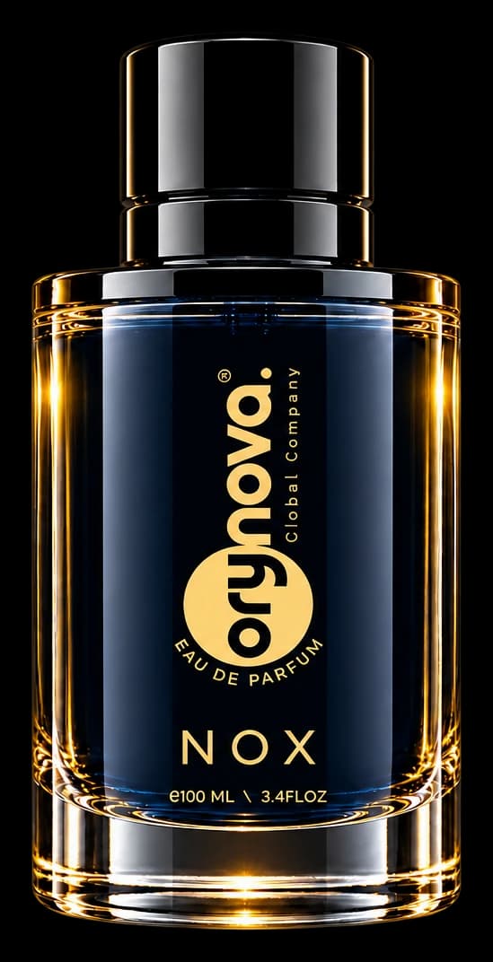 NOX navy glass perfume bottle with its glossy black cap and vertical gold ORYNOVA branding