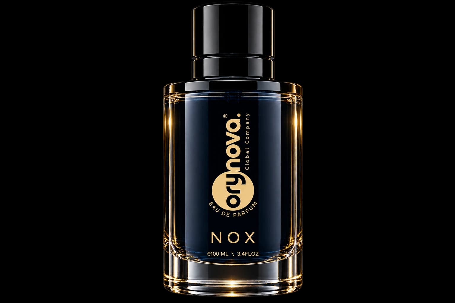 NOX: navy glass bottle with glossy black cylindrical cap and vertical gold ORYNOVA branding