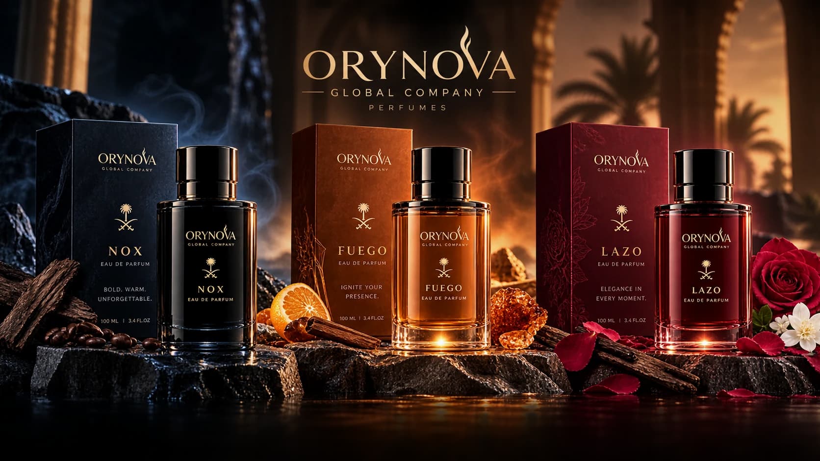 ORYNOVA campaign showing NOX, FUEGO and LAZO bottles with their presentation boxes